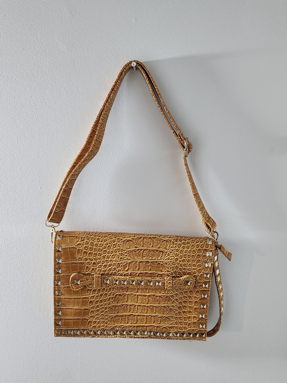 Croc-Embossed Studded Shoulder Bag in Mustard
